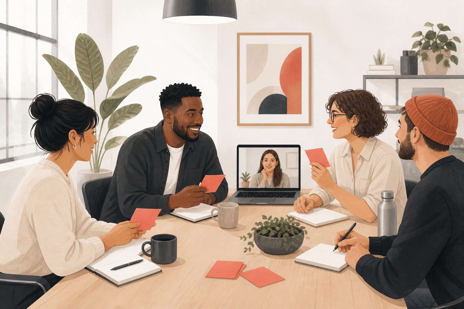 Coworkers share peer appreciation notes during a hybrid team meeting.