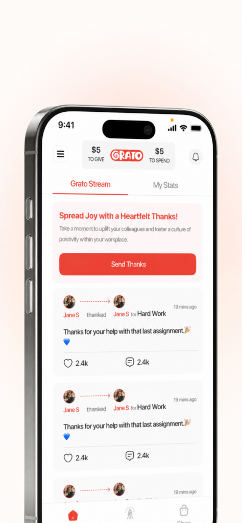 Grato employee recognition app shown on a smartphone