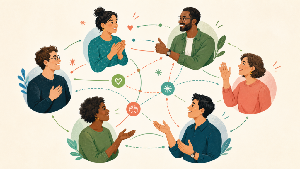 A network of coworkers exchanging peer-to-peer recognition
